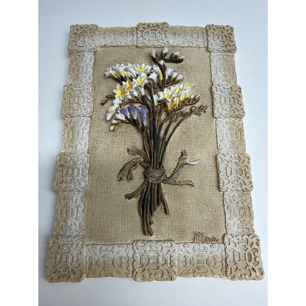 Albena Vintage 3D Floral Bouquet Wall Plaque Ornate Border Resin Art Cream 8x5